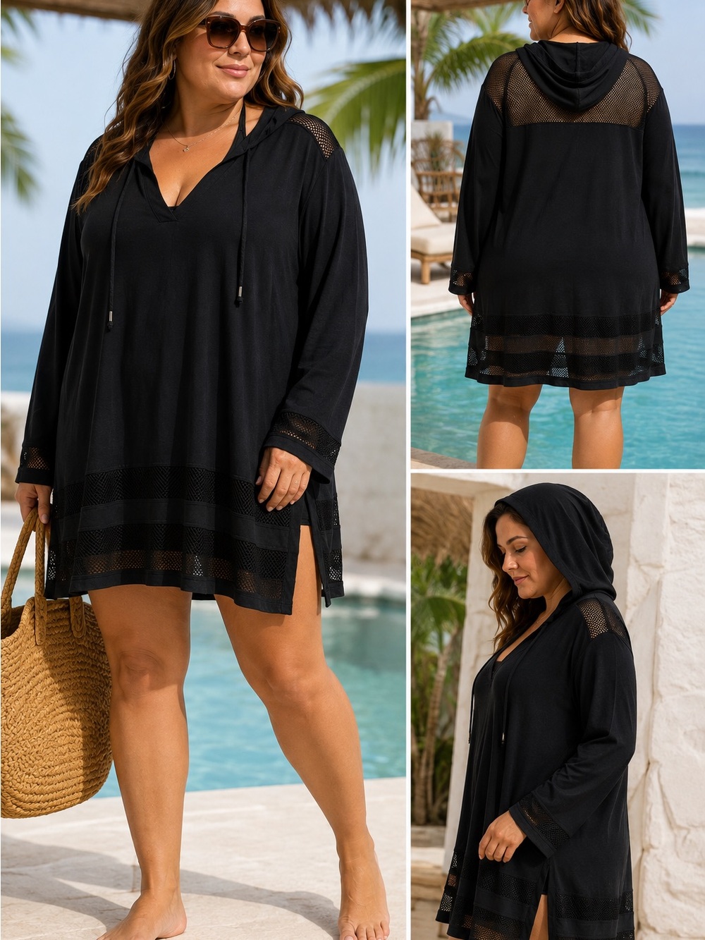 Cable & Gauge Black Hooded Mesh-Trim Plus Size 3X Swim Cover-Up